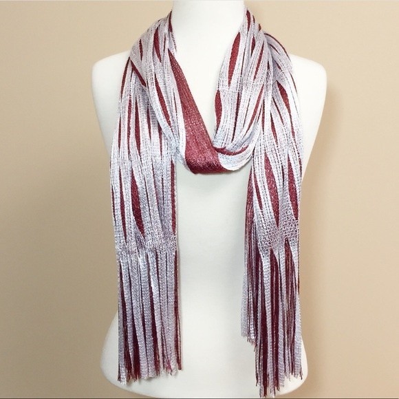 Maroon Dark Red & White Long School Fringe Scarf - Picture 1 of 3